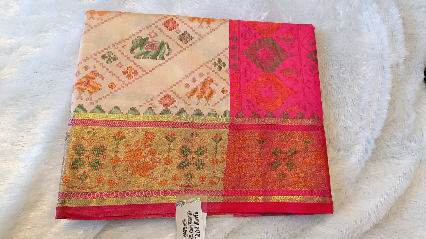 “Aarohi Patola Silk Saree – Pink Elegance with Elephant Motifs”
