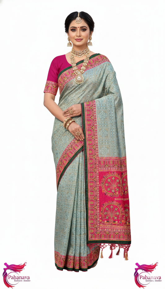 Pahanava Kashmira Meenakari Banarasi Silk Saree – Aqua Teal & Ruby Zari