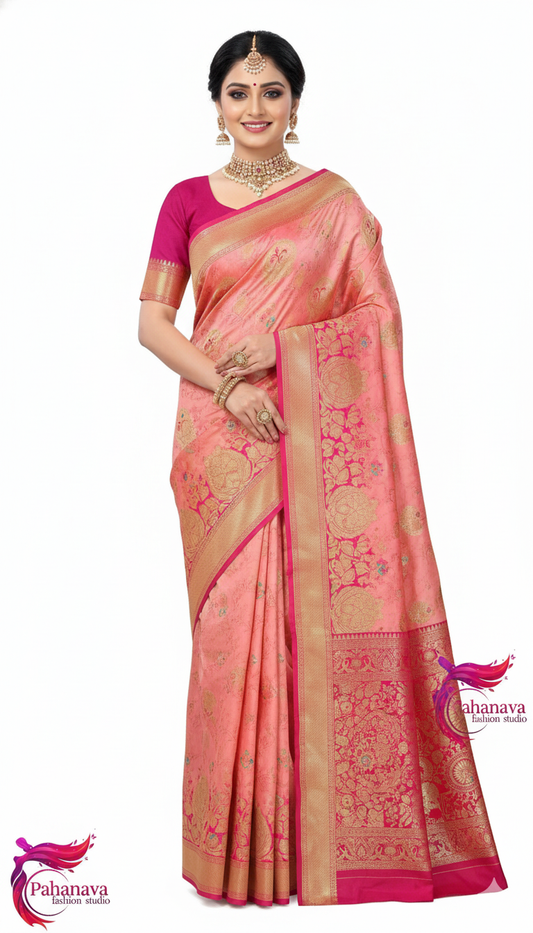 Pahanava Blush Royale Banarasi Silk Saree – Peach Pink & Zari Brocade