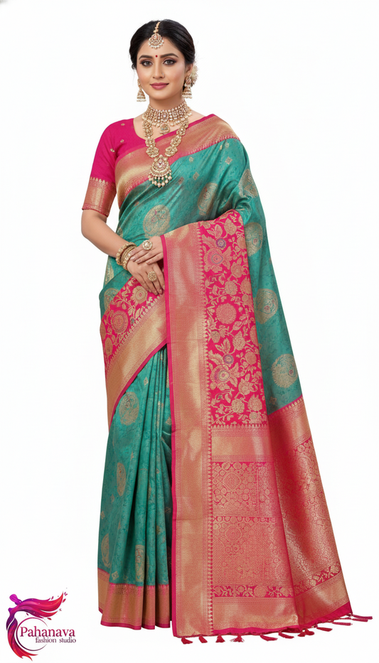 Pahanava Emerald Blossom Banarasi Silk Saree – Teal Green & Rani Pink
