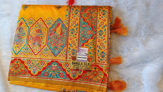 “Rangmohini Bangla Silk Saree – Mustard Radiance”