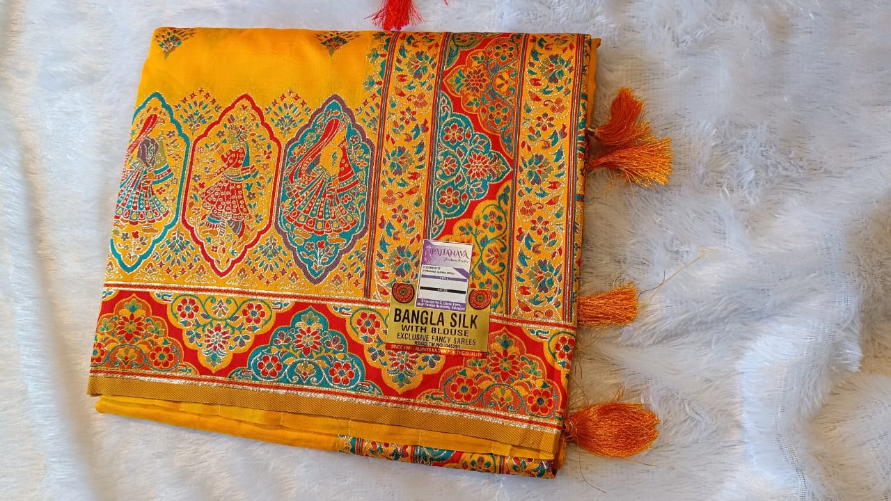 “Rangmohini Bangla Silk Saree – Mustard Radiance”