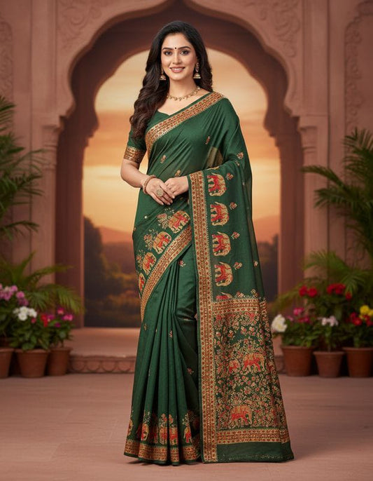 Pahanava Fashion Studio “Rajvanshi Hariyali” Banarasi Silk Saree with Royal Elephant Zari Motif – Elegant Green Traditional Saree
