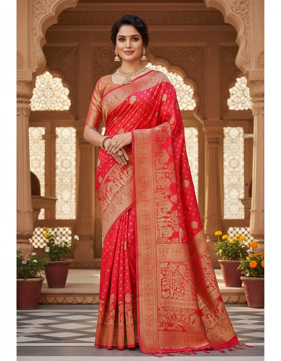Grand Coral Red Banarasi Silk Saree with kalash Motifs