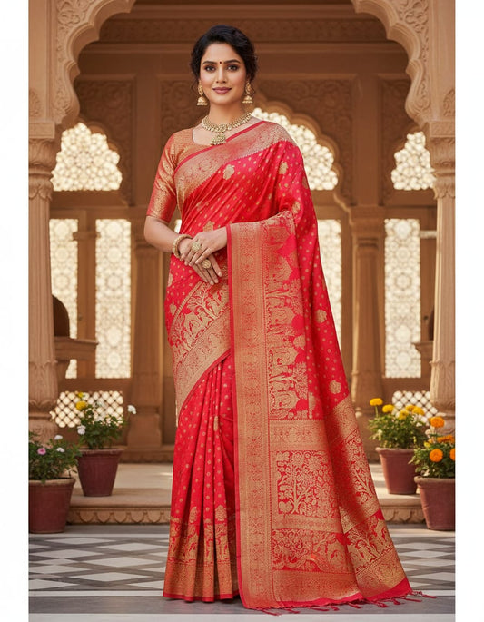 Grand Coral Red Banarasi Silk Saree with kalash Motifs