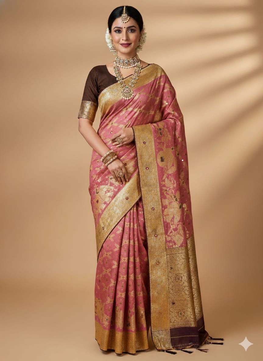 Blush Royale Banarasi Silk Saree with Contrast Coffee Blouse