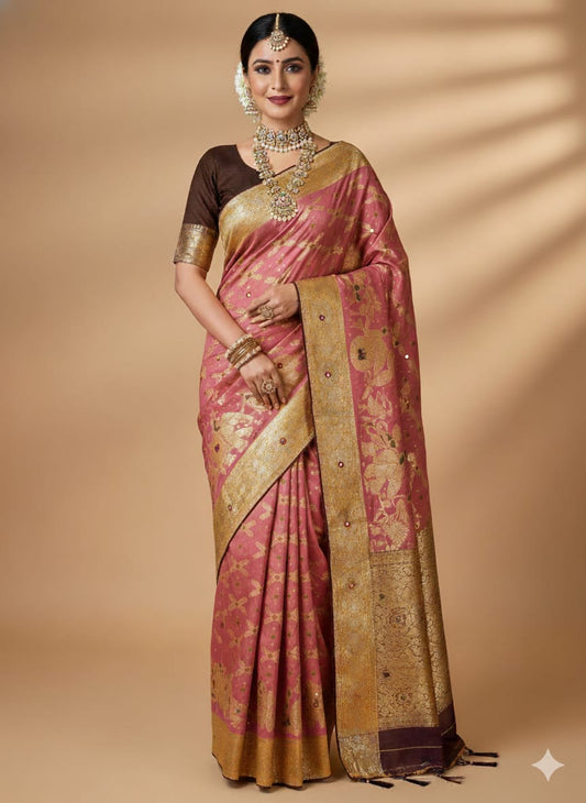 Blush Royale Banarasi Silk Saree with Contrast Coffee Blouse