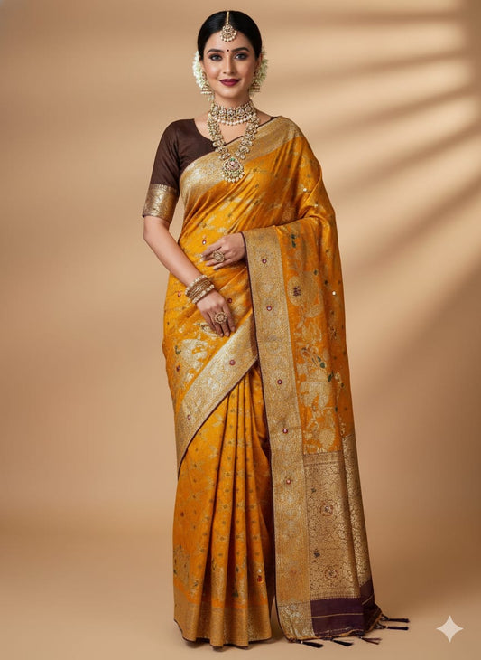 Golden Majesty Chanderi Silk Saree with Contrast Coffee Blouse