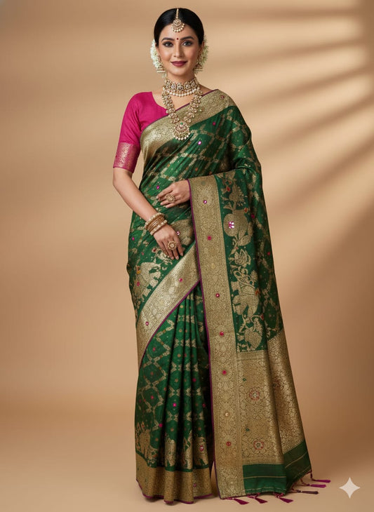Emerald Glow Chanderi Silk Saree with Contrast Pink Blouse