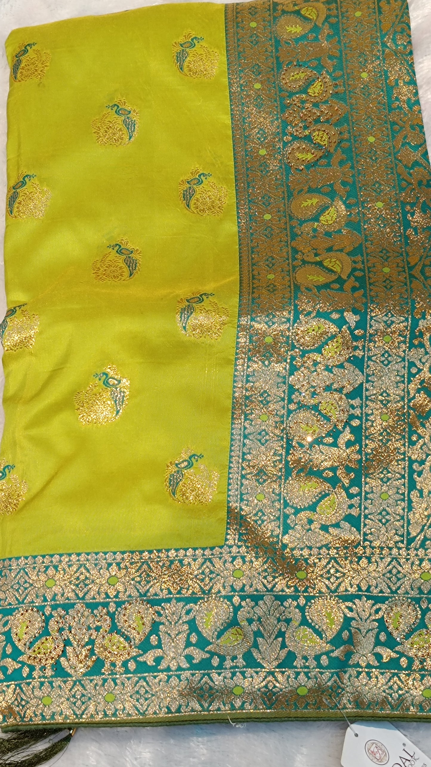 Lime Glow Banarasi Silk Saree with Peacock Zari Weave