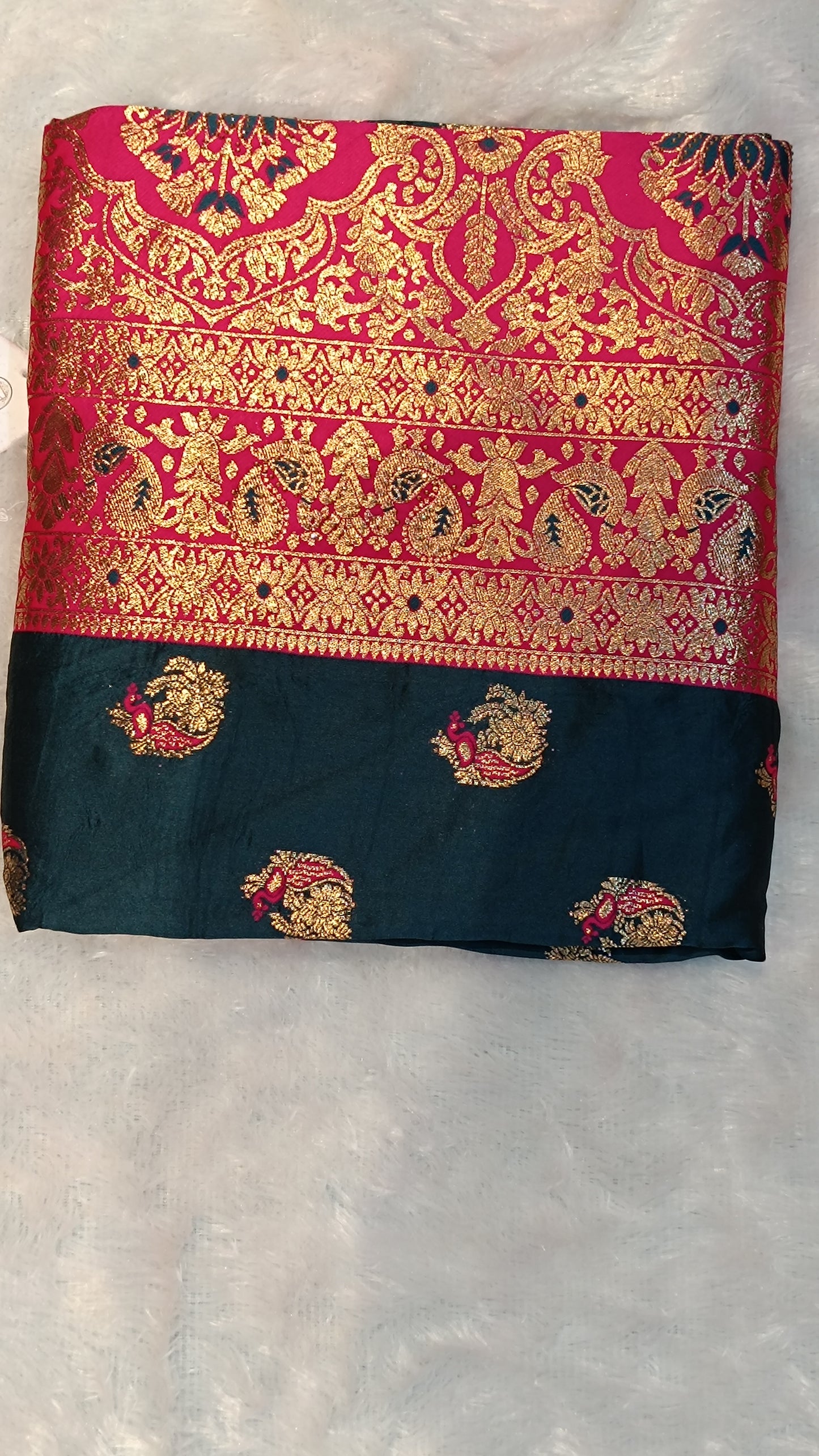 Royal Charm Banarasi Silk Saree in Navy Blue & Magenta with Zari Peacock Weave