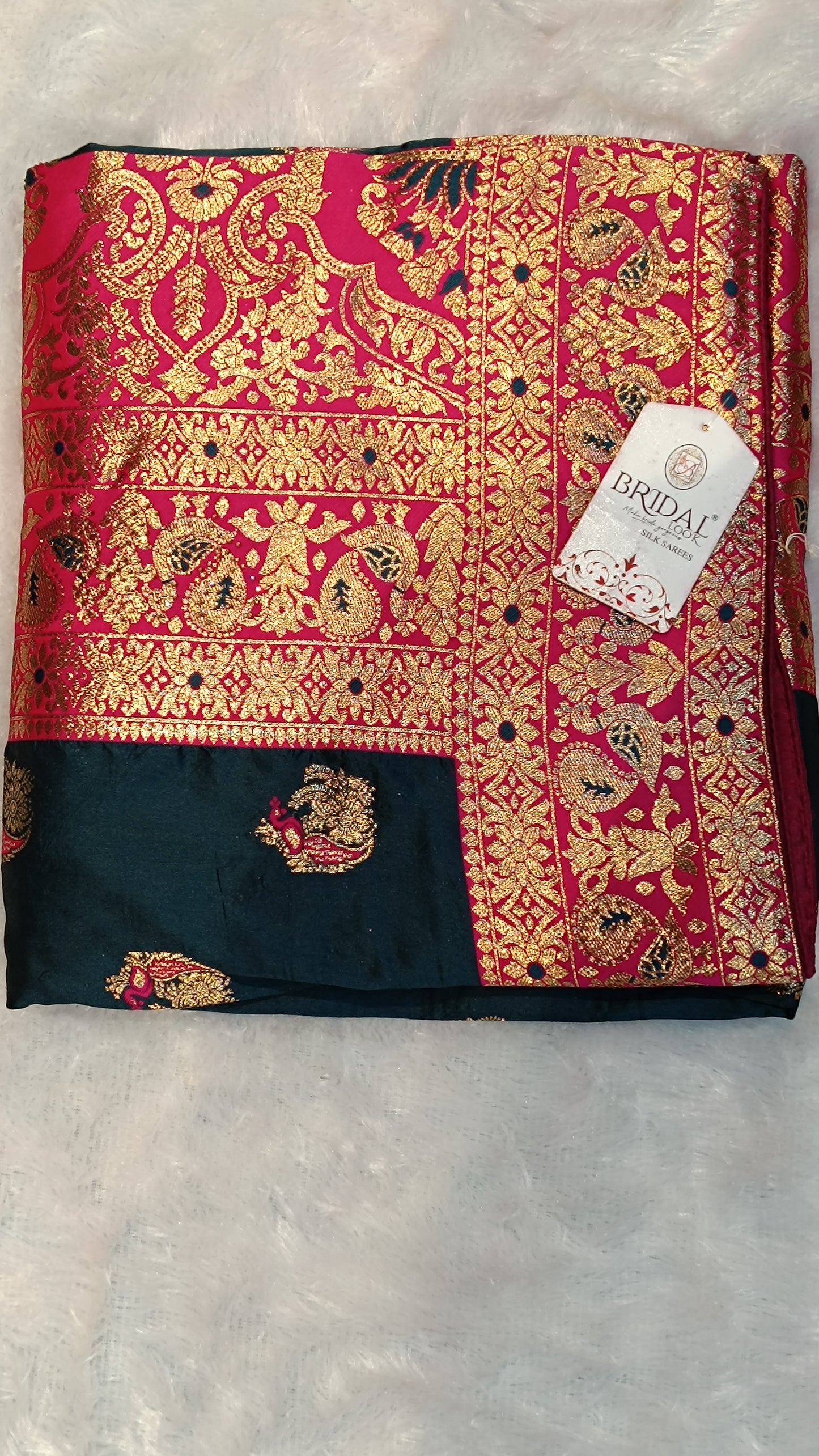 Royal Charm Banarasi Silk Saree in Navy Blue & Magenta with Zari Peacock Weave
