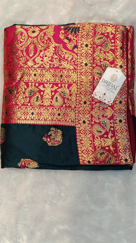 Royal Charm Banarasi Silk Saree in Navy Blue & Magenta with Zari Peacock Weave