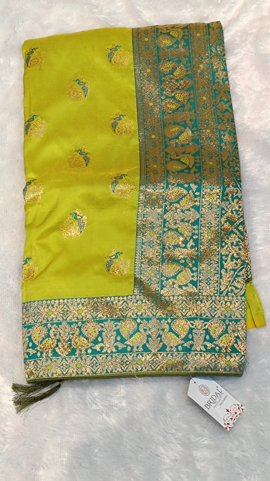 Lime Glow Banarasi Silk Saree with Peacock Zari Weave