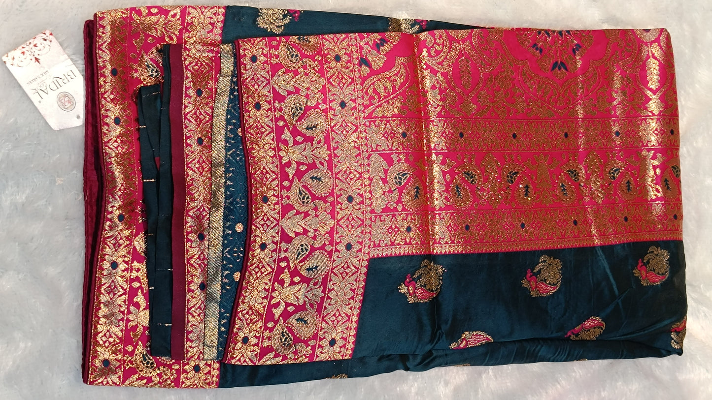 Royal Charm Banarasi Silk Saree in Navy Blue & Magenta with Zari Peacock Weave