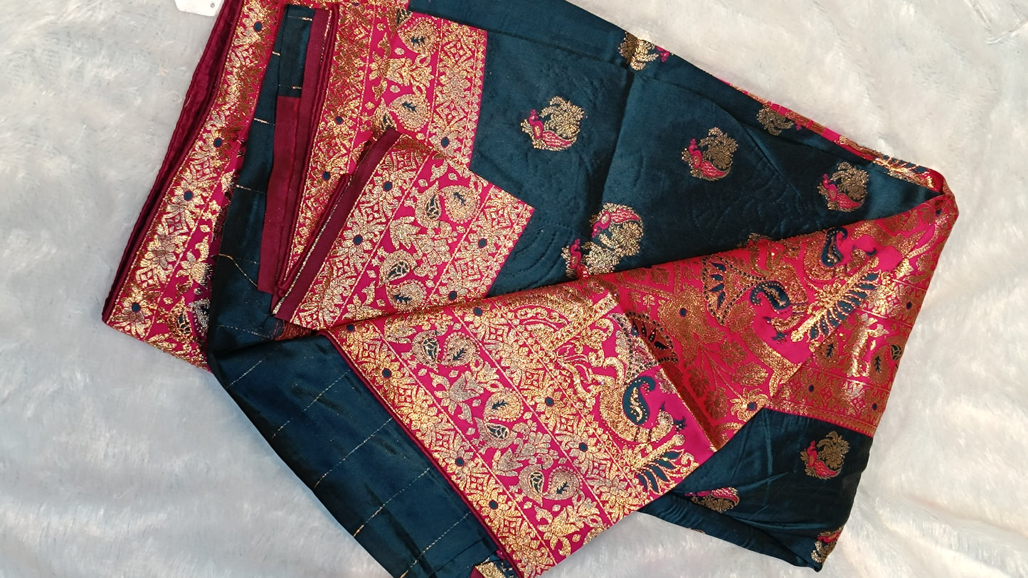 Royal Charm Banarasi Silk Saree in Navy Blue & Magenta with Zari Peacock Weave