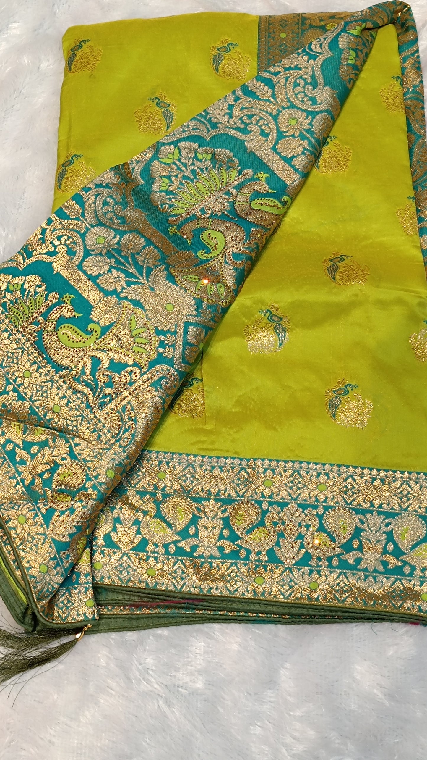Lime Glow Banarasi Silk Saree with Peacock Zari Weave